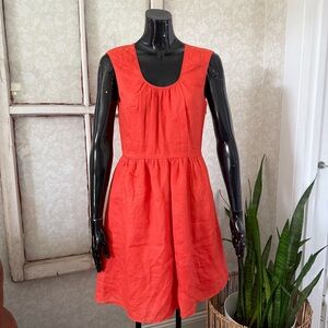 J Crew 100% Linen Scoop Neck Sleeveless Orange Fit & Flare Dress Pockets Size 4